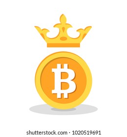 Bitcoin with crown flat icon. Digital cryptocurrency concept. Golden coin with bitcoin symbol isolated on white background. Vector illustration