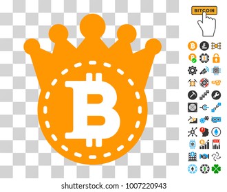 Bitcoin Crown icon with bonus bitcoin mining and blockchain symbols. Vector illustration style is flat iconic symbols. Designed for crypto-currency software.