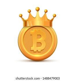 Bitcoin crown king logo. Gold bitcoin coin cartoon crypto currency.