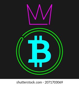 Bitcoin with crown neon symblol - Cryptocurrency winner concept, cyan, magenta, green line colors
