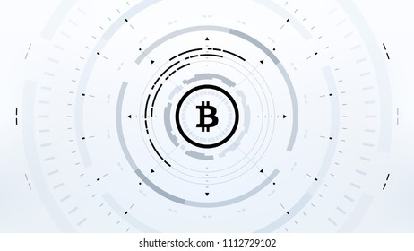 Bitcoin cryprocurrency futuristic black and white vector illustration for background, HUD, GUI, banner, business and finance, advertising and more. Worldwide digital money blockchain system technology