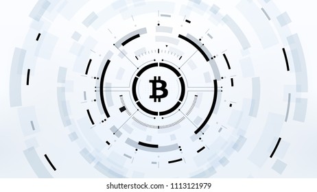 Bitcoin cryprocurrency futuristic black and white vector illustration for background, HUD, GUI, banner, business and finance, advertising and more. Worldwide digital money blockchain system technology