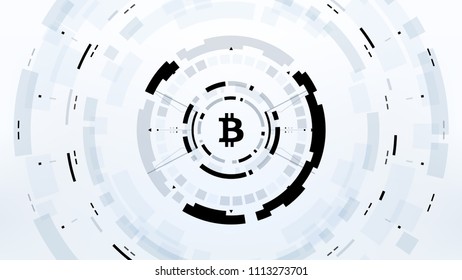 Bitcoin cryprocurrency futuristic black and white vector illustration for background, HUD, GUI, banner, business and finance, advertising and more. Worldwide digital money blockchain system technology