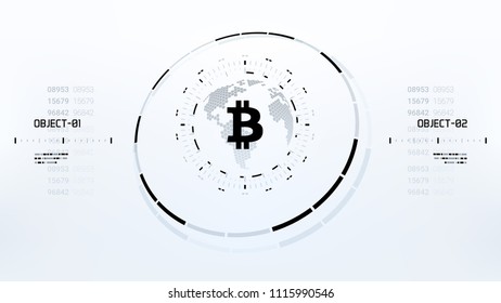 Bitcoin cryprocurrency futuristic black and white vector illustration for background, HUD, GUI, banner, business and finance, advertising and more. Worldwide digital money blockchain system technology