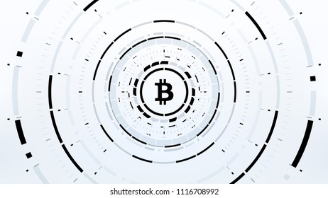 Bitcoin cryprocurrency futuristic black and white vector illustration for background, HUD, GUI, banner, business and finance, advertising and more. Worldwide digital money blockchain system technology