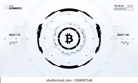 Bitcoin cryprocurrency futuristic vector black and white illustration for background, HUD, graphical user interface, banner, business and finance infographics and more. Worldwide digital money blockch