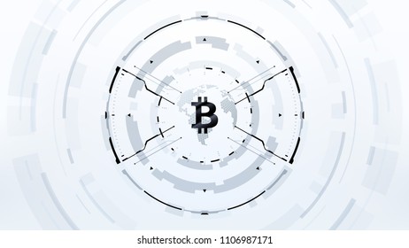 Bitcoin cryprocurrency futuristic vector black and white illustration for background, HUD, graphical user interface, banner, business and finance infographics and more. Worldwide digital money blockch