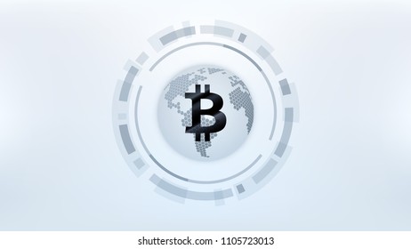Bitcoin cryprocurrency futuristic vector globe illustration. Worldwide digital money technology