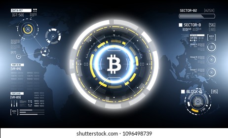 Bitcoin cryprocurrency futuristic vector HUD infographics. Worldwide digital money technology