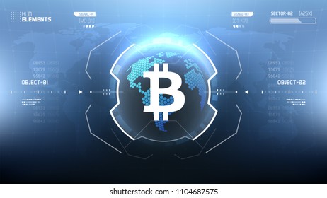 Bitcoin cryprocurrency futuristic vector illustration. Worldwide digital money technology