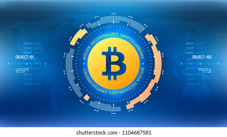 Bitcoin cryprocurrency futuristic vector illustration. Worldwide digital money technology