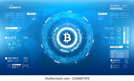 Bitcoin cryprocurrency futuristic vector illustration. Worldwide digital money technology