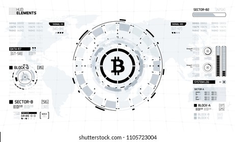 Bitcoin cryprocurrency futuristic vector illustration. Worldwide digital money technology