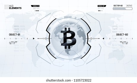 Bitcoin cryprocurrency futuristic vector illustration. Worldwide digital money technology