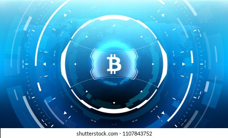 Bitcoin cryprocurrency futuristic vector illustration for background, HUD, graphical user interface, banner, business and finance infographics and more. Worldwide digital money blockchain system