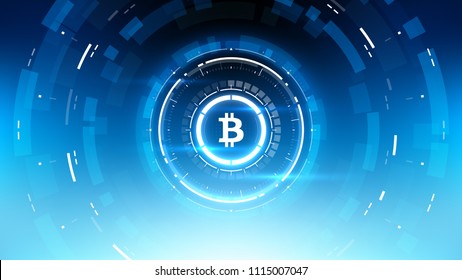 Bitcoin cryprocurrency futuristic vector illustration for background, HUD, graphical user interface, banner, business and finance infographics and more. Worldwide digital money blockchain system