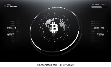 Bitcoin cryprocurrency futuristic vector illustration for background, HUD, graphic user interface, banner, business and finance infographics and more. Worldwide digital money blockchain system