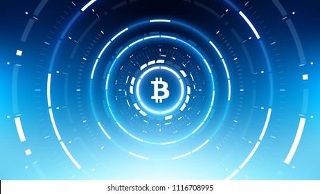 Bitcoin cryprocurrency futuristic vector illustration for background, HUD, graphical user interface, banner, business and finance infographics and more. Worldwide digital money blockchain system