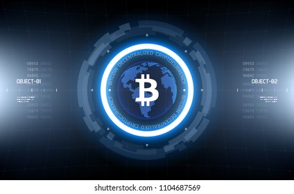 Bitcoin cryprocurrency globe futuristic vector illustration. Worldwide digital money technology