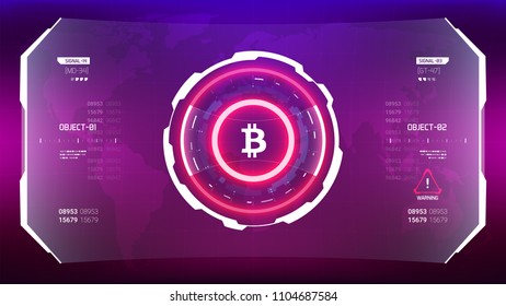 Bitcoin cryprocurrency neon futuristic vector illustration. Worldwide digital money technology