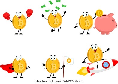 Bitcoin Crypto Cartoon Character. Vector Flat Design Collection Set Isolated On Transparent Background