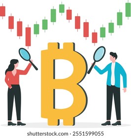 Bitcoin or crypto coin analysis for speculation, predicting appropriate time to make profit from cryptocurrency trading concept. Businesspersons Using magnifier to look at bitcoin candlestick graph.
