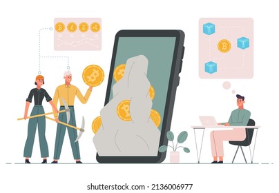 Bitcoin, crypto coin wallet, cryptocurrency mining technology concept. Bitcoins and altcoins farming tech vector illustration. Modern electronic money. Bitcoin money mining