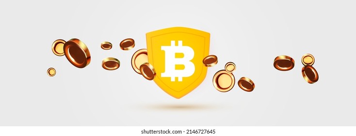 Bitcoin. Crypto concept. E-money exchange protection design with shield and coins.