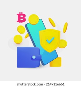 Bitcoin. Crypto concept. E-money exchange protection design with purse, smartphone. shield and coins.