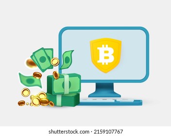 Bitcoin. Crypto concept. E-money exchange protection design with pc, wad of money, shield and coins