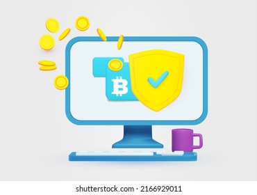 Bitcoin. Crypto concept. E-money exchange protection design with pc, shield and coins.