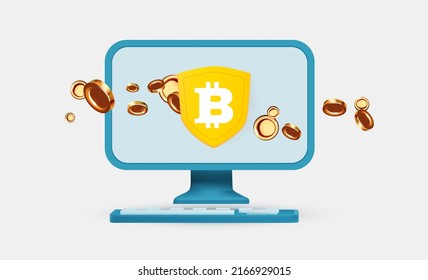 Bitcoin. Crypto-Konzept. E-Geld-Exchange-Schutzdesign mit PC, Schild und Münzen.