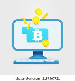 Bitcoin. Crypto concept. E-money exchange design with pc, shield and coins.