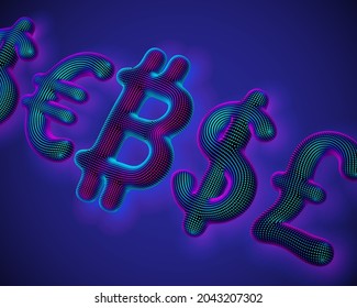 Bitcoin crypto currency 3D glowing icon in a row with globe currencies symbols. Blockchain, stock business or cryptocurrency mining concept: BTC logo on blue background. Vector illustration EPS 10