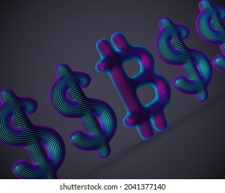 Bitcoin crypto currency 3D icon in a row with US Dollar signs on gray background. Stock business, blockchain or cryptocurrency mining concept: BTC logo made of digital dots. Vector illustration EPS 10 svg