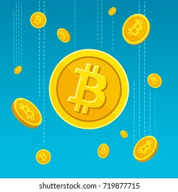 Bitcoin crypto currency abstract background. Vector illustration of cartoon flat golden Bitcoins falling on a blue sky. Isolated on background.