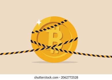 Bitcoin crypto currency banned, government monetary policy, Cryptocurrency crash or digital crime investigation concept, precious high value bitcoin wrap with investigation crime scene yellow tape.