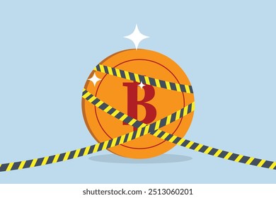 Bitcoin crypto currency banned,  Bitcoin, a valuable asset, is surrounded by yellow police tape in a crime scene investigation.
