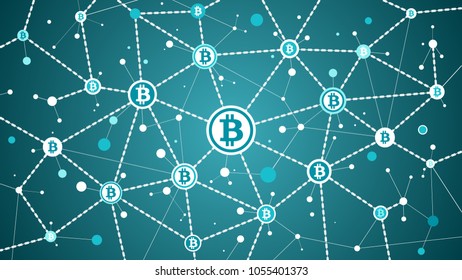 Bitcoin crypto currency and blockchain on blue background bitcoin transactions and blocks