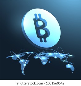 Bitcoin Crypto Currency Blockchain Technology World Map Background vector Illustration
