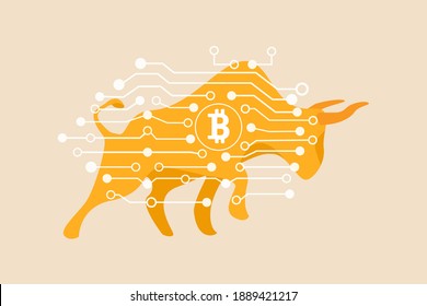 Bitcoin Crypto Currency Bull Market, Cryptocurrency Soaring Hit New High Record Concept, Golden Bull With Digital Electronic Graphic For New Technology Blockchain Currency.