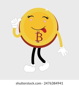 Bitcoin Criptomoneda Diseño de Personajes Mascota, gestos de lindos personajes de bitcoin. Ilustraciones vectoriales de criptomonedas. Dibujos animados divertidas mascotas de oro con piernas y brazos