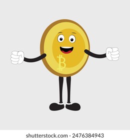 Bitcoin Criptomoneda Diseño de Personajes Mascota, gestos de lindos personajes de bitcoin. Ilustraciones vectoriales de criptomonedas. Dibujos animados divertidas mascotas de oro con piernas y brazos
