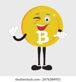 Bitcoin Crypto Currency Character Design Mascot, gestures of cute bitcoin characters. Vector illustrations of crypto coins. Cartoon funny gold mascots with legs and arms