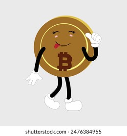 Bitcoin Criptomoneda Diseño de Personajes Mascota, gestos de lindos personajes de bitcoin. Ilustraciones vectoriales de criptomonedas. Dibujos animados divertidas mascotas de oro con piernas y brazos