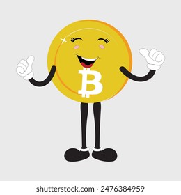 Bitcoin Criptomoneda Diseño de Personajes Mascota, gestos de lindos personajes de bitcoin. Ilustraciones vectoriales de criptomonedas. Dibujos animados divertidas mascotas de oro con piernas y brazos