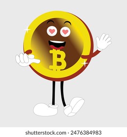 Bitcoin Criptomoneda Diseño de Personajes Mascota, gestos de lindos personajes de bitcoin. Ilustraciones vectoriales de criptomonedas. Dibujos animados divertidas mascotas de oro con piernas y brazos