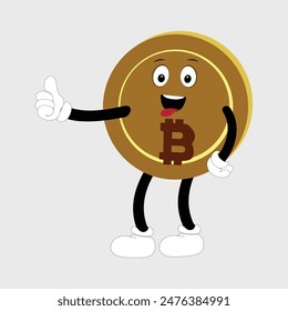 Bitcoin Krypto Währung Zeichen Design Maskottchen, Gesten von niedlichen Bitcoin Zeichen. Vektorillustrationen von Kryptomünzen. Cartoon lustige Gold Maskottchen mit Beinen und Armen