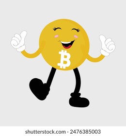 Bitcoin Criptomoneda Diseño de Personajes Mascota, gestos de lindos personajes de bitcoin. Ilustraciones vectoriales de criptomonedas. Dibujos animados divertidas mascotas de oro con piernas y brazos