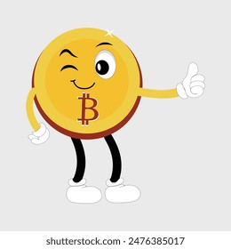 Bitcoin Criptomoneda Diseño de Personajes Mascota, gestos de lindos personajes de bitcoin. Ilustraciones vectoriales de criptomonedas. Dibujos animados divertidas mascotas de oro con piernas y brazos
